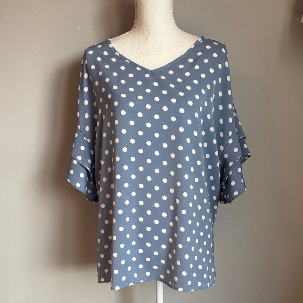 Polka Dot V-Neck Blouse - Blue & White